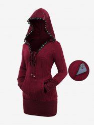 Plus Size Grommets Lace-up Lace Trim Cable Knit Pocket Hooded Sweater Dress -  