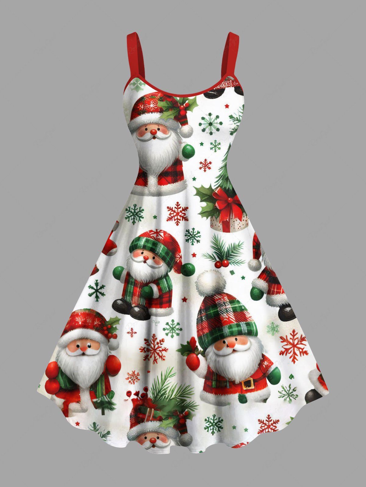 Latest Plus Size Christmas Tree Snowflake Santa Claus Print A Line Dress  