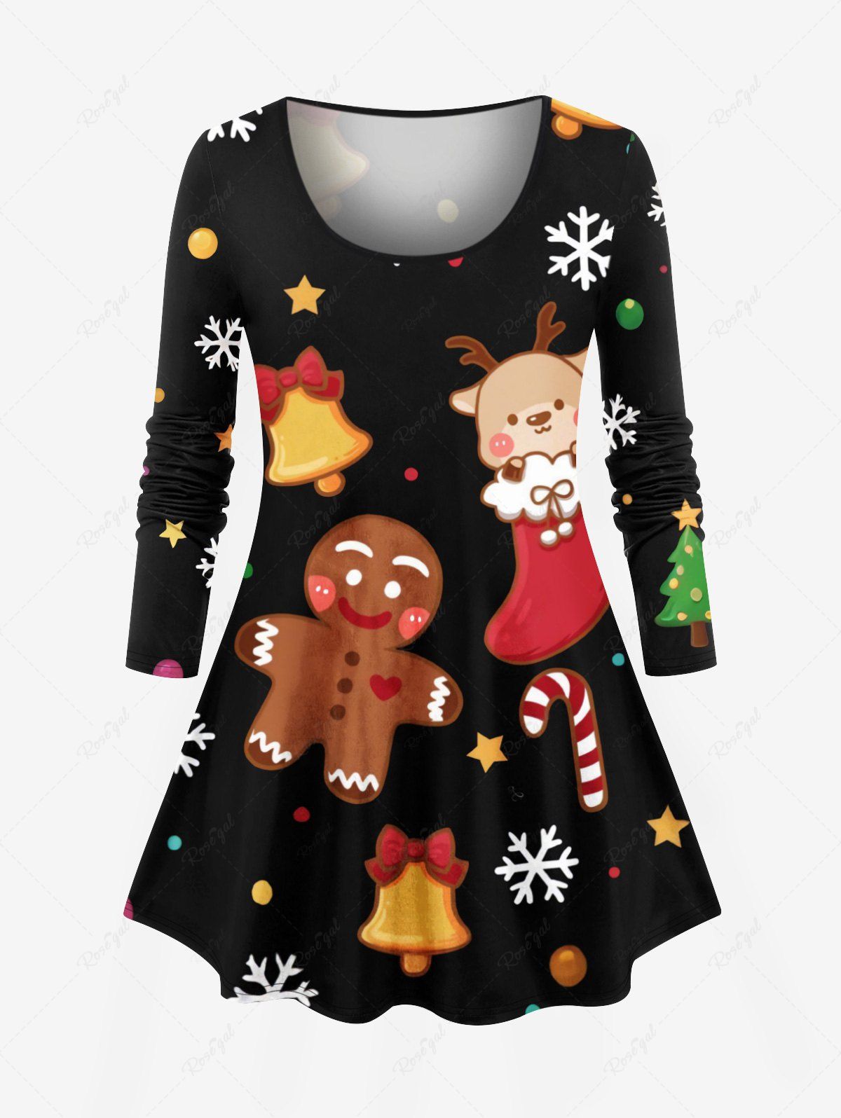 T-shirt à manches longues pour femme, grande taille, imprimé sapin de Noël, flocons de neige, pain d'épice, clochettes et bonbons Noir XS