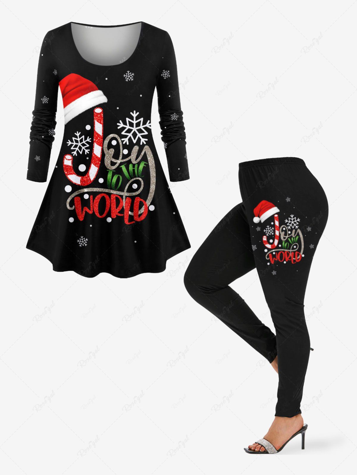 Ensemble T-shirt à manches longues et legging grande taille pour femme, imprimé bonnet de Noël, flocons de neige et lettres. Noir 
