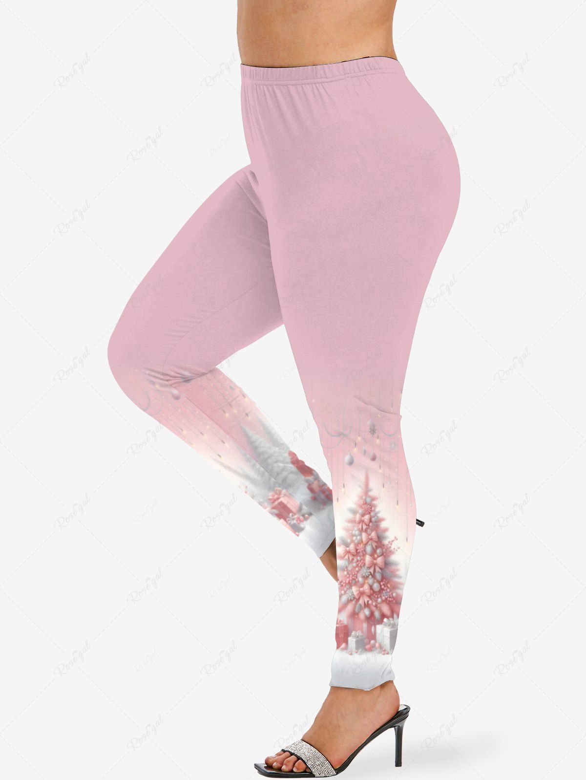 Leggings imprimés à pompons clairs et nœud papillon sapin de Noël grande taille Rose clair XS