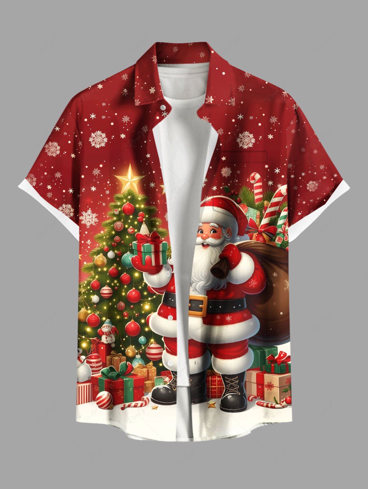 Chemise homme grande taille à imprimé sapin de Noël, Père Noël, étoiles, bonbons et flocons de neige, avec boutons et poche. Rouge S