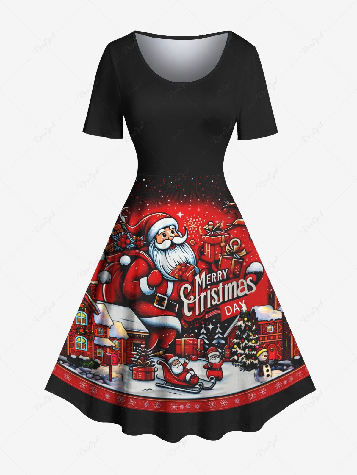 Robe vintage grande taille imprimée Père Noël traîneau houx et fruits, boîte cadeau Noir 5X