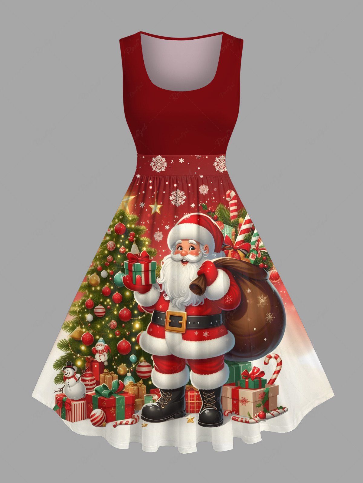 Robe vintage grande taille années 50 à imprimé sapin de Noël, Père Noël, étoiles, bonbons et flocons de neige Rouge S