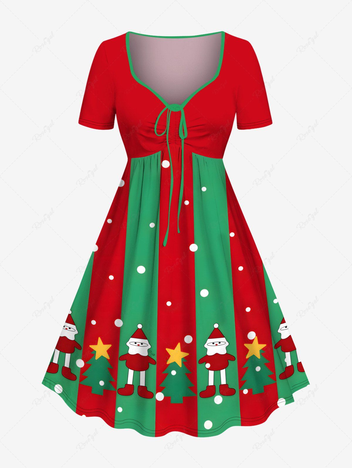 Robe grande taille à imprimé colorblock avec sapin de Noël, étoile, Père Noël et pois, cintrée Rouge 6X