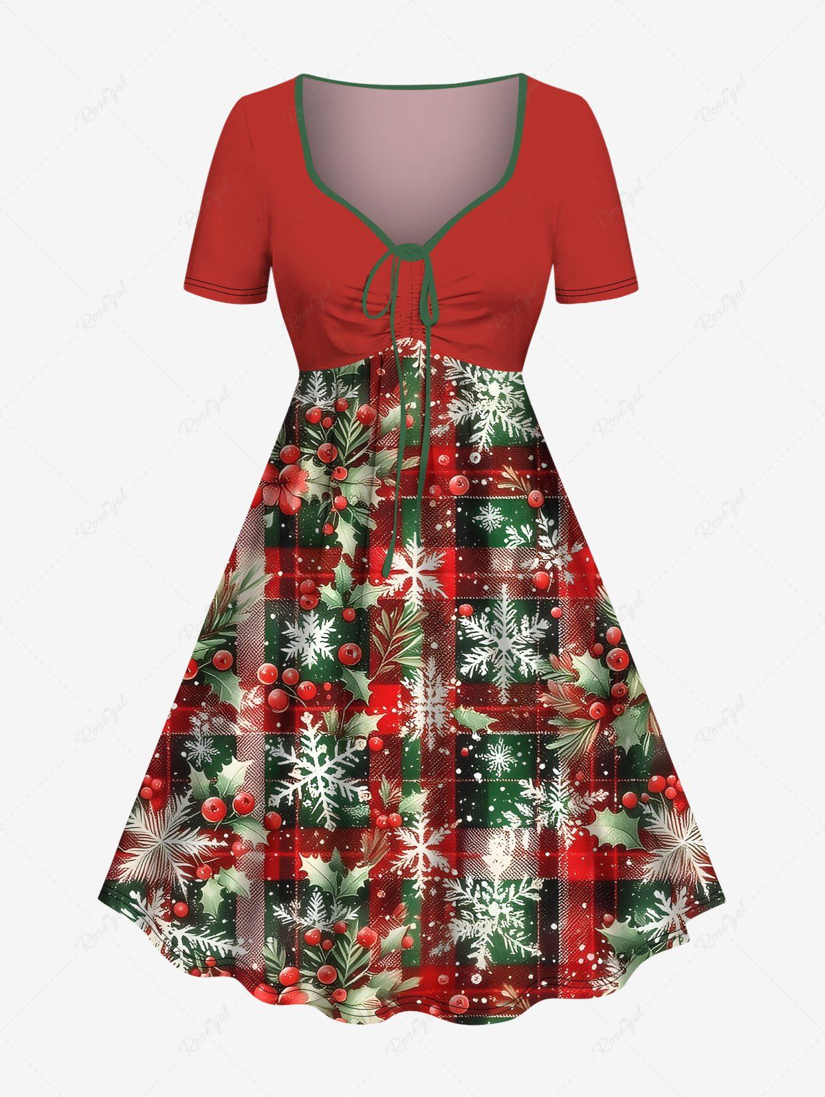 Unique Plus Size Christmas Holly Fruit Snowflake Plaid Print Cinched Dress  