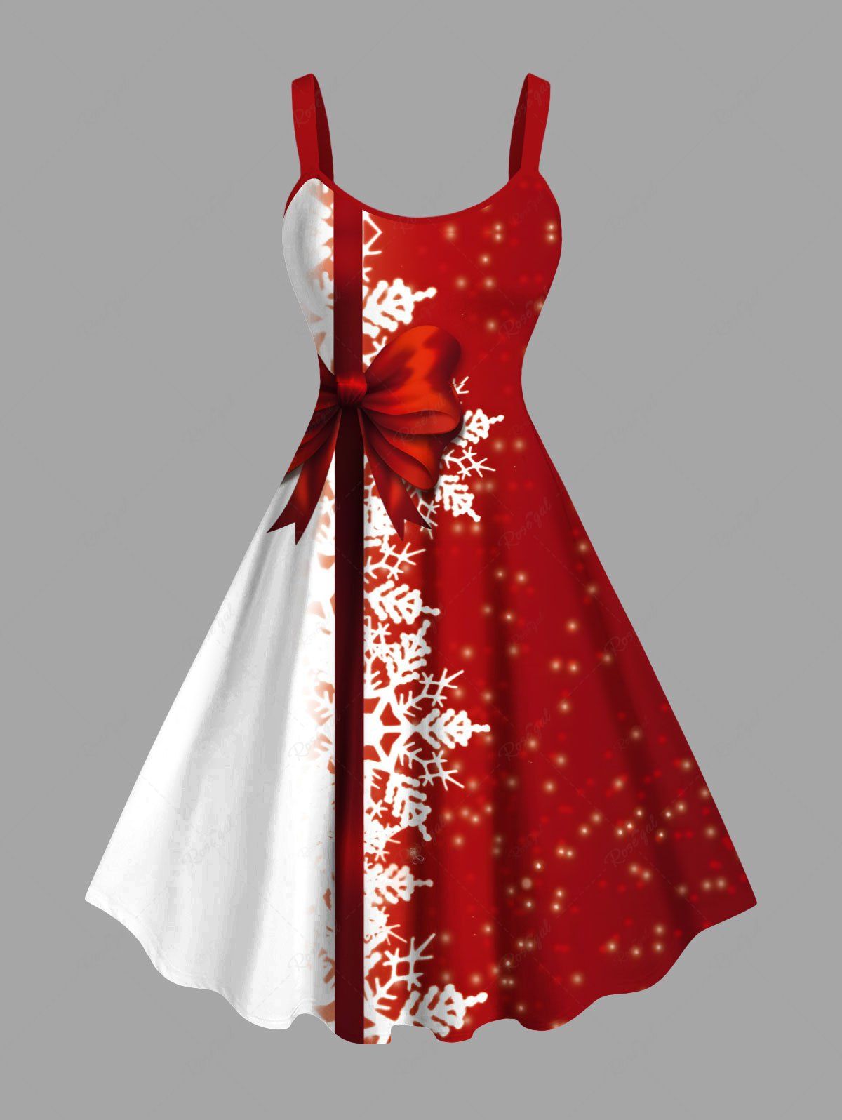 Robe trapèze grande taille imprimée flocons de neige et nœud papillon pour Noël Rouge 5X