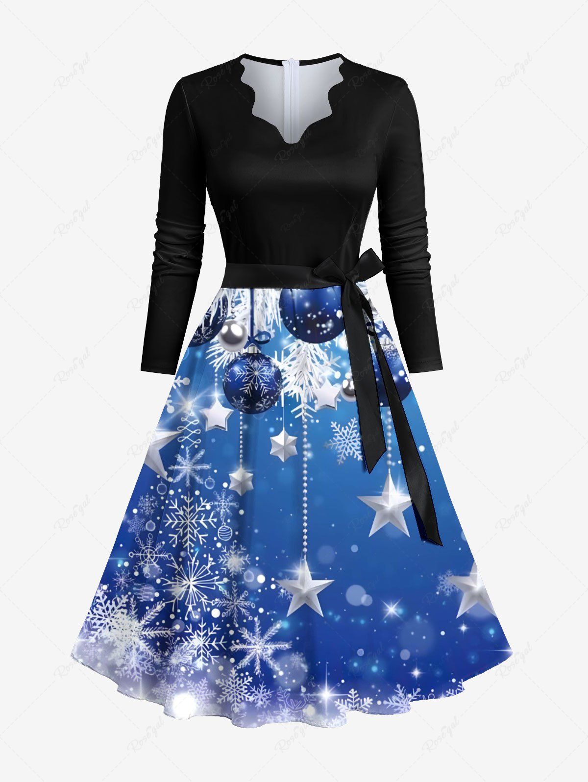 Robe trapèze grande taille à imprimé ombré de flocons de neige et de bulles, col festonné et ceinture amovible Bleu Ciel 2XL