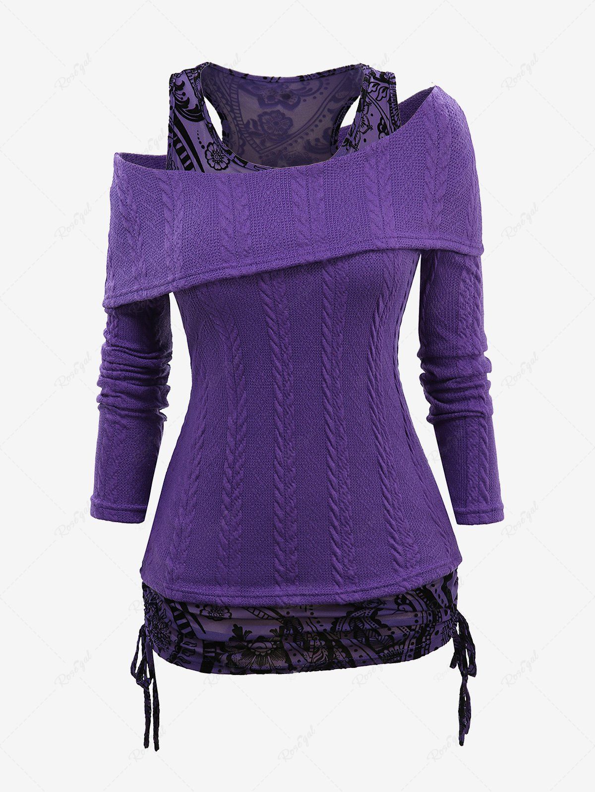 Pull en maille torsadée à col rabattu grande taille et débardeur en maille floquée à motif cachemire et fleurs avec taille cintrée Pourpre  1X | US 14-16