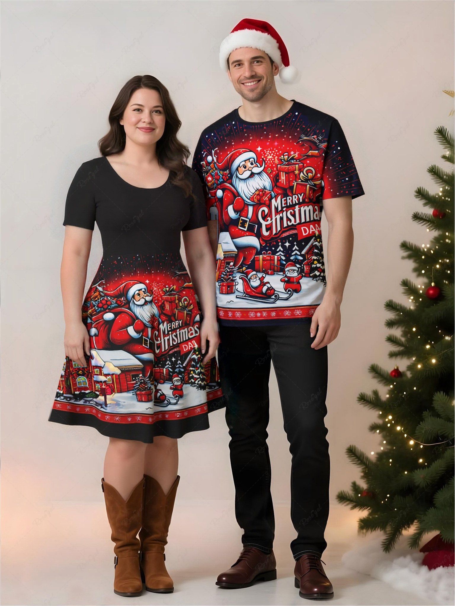 Ensemble assorti grande taille pour couples, imprimé Père Noël, traîneau, houx et fruits, boîte cadeau Noir 