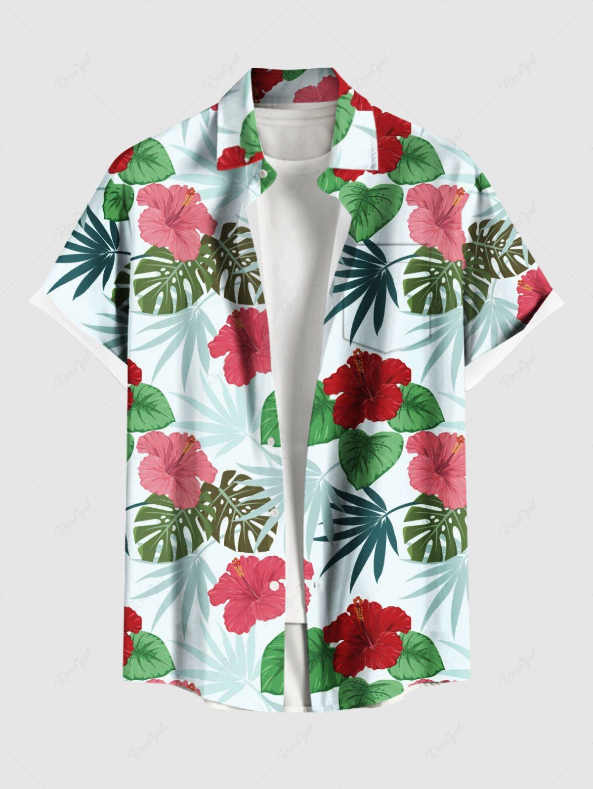 Chemise à poches boutonnées à imprimé floral tropical et feuilles d'hibiscus, grande taille, pour hommes Vert 4XL