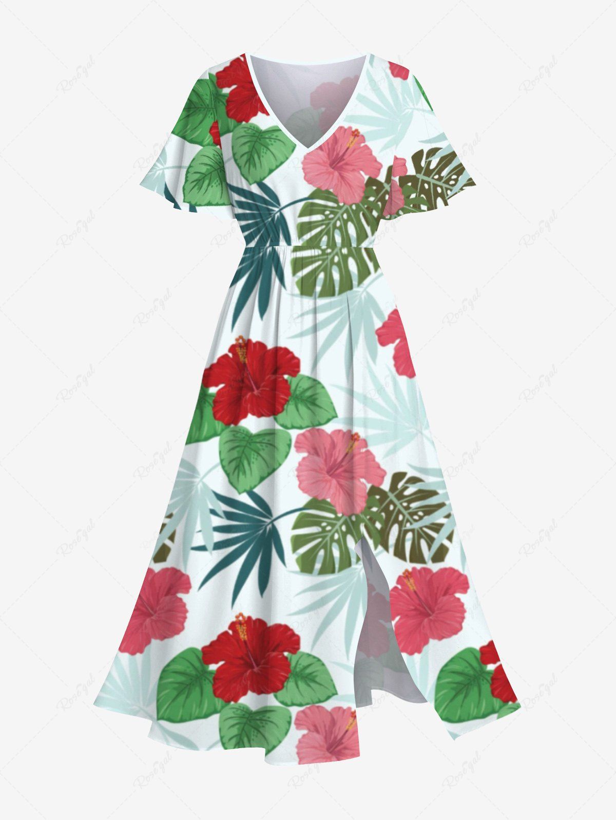 Robe midi trapèze grande taille à imprimé floral tropical et hibiscus, style hawaïen, avec poches et fente. Blanc XXS