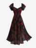 Plus Size Rose Flower Print Ruched Split A Line Dress -  