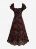 Plus Size Rose Flower Print Ruched Split A Line Dress -  