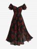 Plus Size Rose Flower Print Ruched Split A Line Dress -  