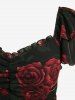 Plus Size Rose Flower Print Ruched Split A Line Dress -  