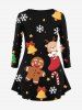 T-shirt à manches longues pour femme, grande taille, imprimé sapin de Noël, flocons de neige, pain d'épice, clochettes et bonbons - Noir 5X