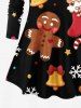T-shirt à manches longues pour femme, grande taille, imprimé sapin de Noël, flocons de neige, pain d'épice, clochettes et bonbons - Noir 5X