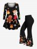 T-shirt à manches longues pour femme, grande taille, imprimé sapin de Noël, flocons de neige, pain d'épice, clochettes et bonbons - Noir 5X