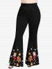 Pantalon évasé grande taille à imprimé sapin de Noël, flocons de neige, pain d'épice, clochettes et bonbons - Noir 1X