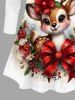 Plus Size Christmas Elk Bowknot Flowers Holly Fruit Print Long Sleeves T-shirt -  