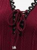 Plus Size Grommets Lace-up Lace Trim Cable Knit Pocket Hooded Sweater Dress -  