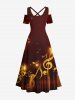Robe longue grande taille à imprimé étoiles et paillettes avec symboles musicaux, épaules dénudées et bretelles croisées, coupe trapèze - Café profond M