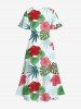 Plus Size Tropical Leaf Hibiscus Flower Print Hawaii Pocket Split A Line Midi Dress -  