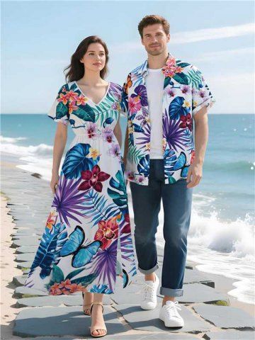 Tropical Leaf Hibiscus Flower Branch Print Plus Size Matching Hawaii Beach Outfit For Couples