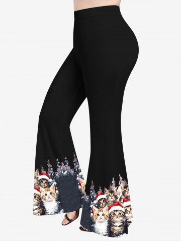 Plus Size Christmas Tree Hat Cat Print Flare Pants - WHITE - XS