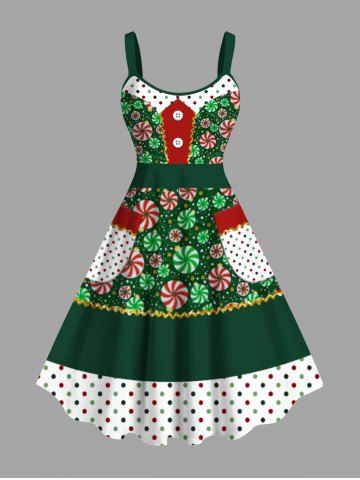 Plus Size Christmas Candy Buttons Polka Dots Pockets Print Tank Dress - GREEN - XXS