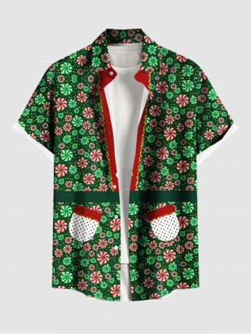 Plus Size Christmas Candy Buttons Dots Pockets Print Buttons Pocket Shirt For Men - GREEN - 6XL
