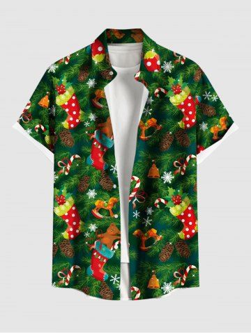 Plus Size Christmas Stocking Bell Bear Candy Snowflake Print Buttons Pocket Shirt For Men - GREEN - XL