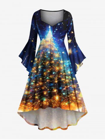 Plus Size Christmas Tree Light Glitter 3D Print Ruched Flare Sleeve High Low Dress - NAVY BLUE - L