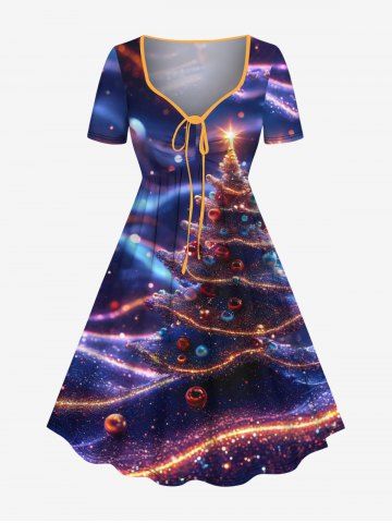Plus Size Christmas Tree Ball Light Galaxy Glitter 3D Print Cinched Dress - NAVY BLUE - 6X
