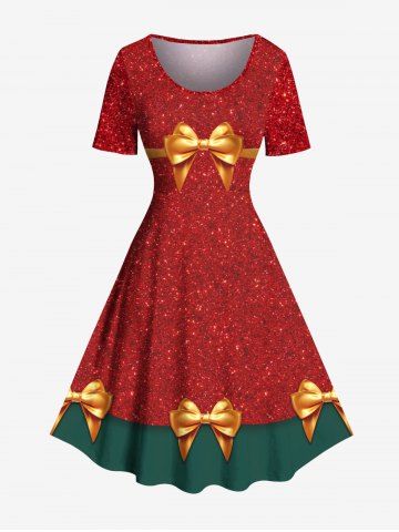 Plus Size Christmas Bowknot Colorblock Sparkling Sequin 3D Print Vintage Dress - RED - 4X