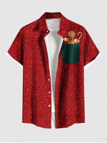 Plus Size Christmas Gingerbread Sparkling Sequin 3D Print Buttons Pocket Shirt For Men - RED - S