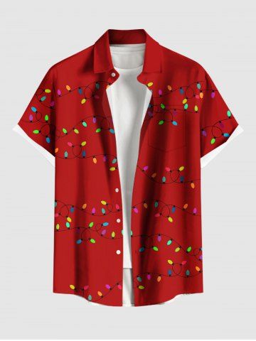 Plus Size Christmas Light Print Buttons Pocket Shirt For Men - RED - M