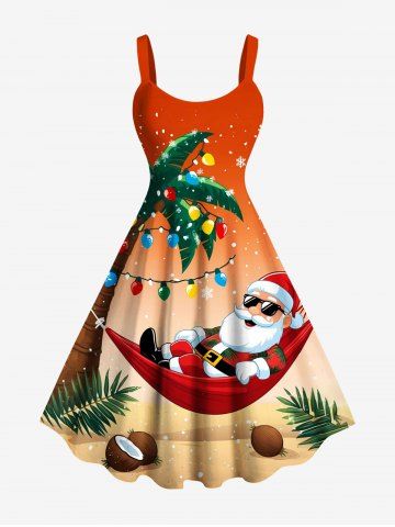 Plus Size Christmas Light Snowflake Santa Claus Coconut Tree Dip Dye Ombre Print A Line Dress - ORANGE - S