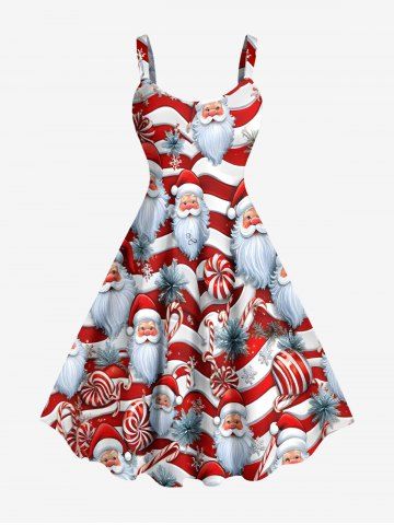 Plus Size Christmas Santa Claus Candy Print Tank Dress - RED - XXS