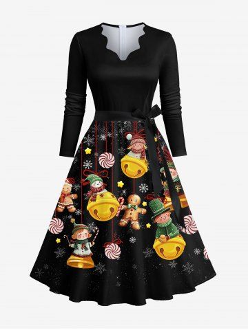 Plus Size Christmas Candy Snowflake Swnoman Bell Gingerbread Print Scalloped V Neck Dress With A Belt - BLACK - XL