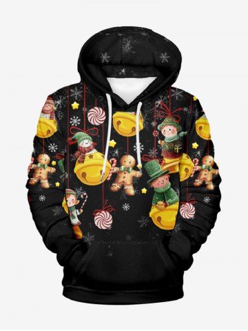 Plus Size Christmas Candy Snowflake Swnoman Bell Gingerbread Print Drawstring Pockets Hoodie For Men - BLACK - 8XL