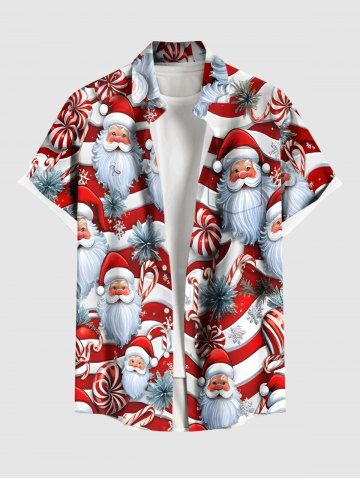 Plus Size Christmas Santa Claus Candy Print Buttons Pocket Shirt For Men - RED - 5XL