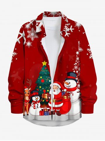 Plus Size Christmas Tree Snowflake Snowman Santa Claus Elk Print Buttons Pocket Shirt For Men - RED - L