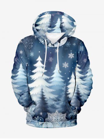 Plus Size Christmas Tree Snowflake Print Drawstring Pockets Hoodie For Men - NAVY BLUE - 4XL
