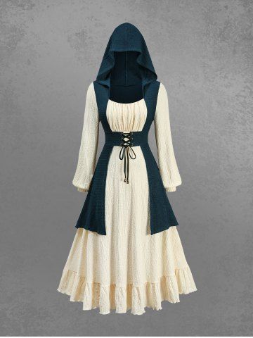 Gothic Plus Size Two Tone Textured Lace Up Hooded 2 in 1 Long Sleeves A Line Dress - DEEP GREEN - 5X | US 30-32
