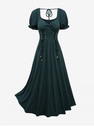 Lace Up Grommets Ruffles Ruched Puff Sleeves Textured Dress - DEEP GREEN - XXL