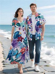 Tropical Leaf Hibiscus Flower Branch Print Plus Size Matching Hawaii Beach Outfit For Couples -  