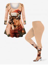 Christmas Snowflake Elk Hat Print Long Sleeves Women T-shirt and Leggings Plus Size Matching Set -  