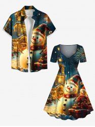 Glitter Christmas Snowflake Castle Snowman Print Plus Size Matching Outfit For Couples -  